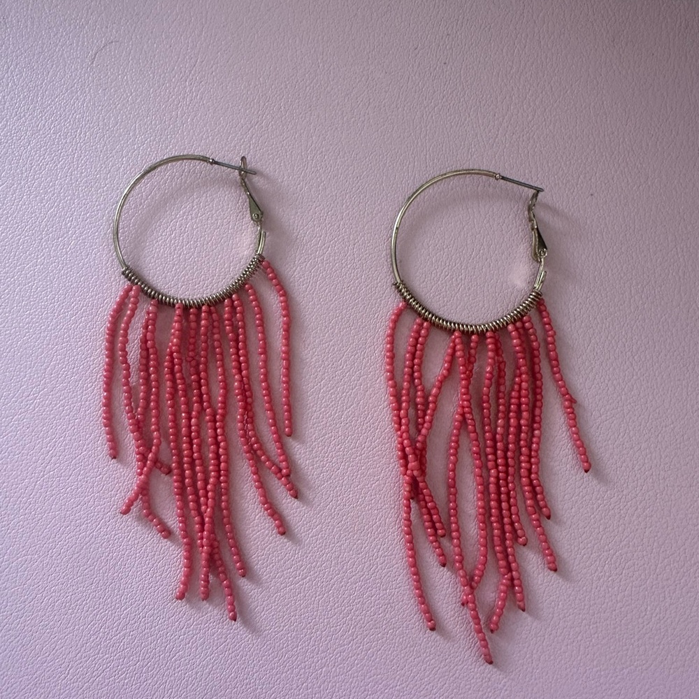 Boho coral pink beaded fringe hoop earrings – festival-ready statement jewelry